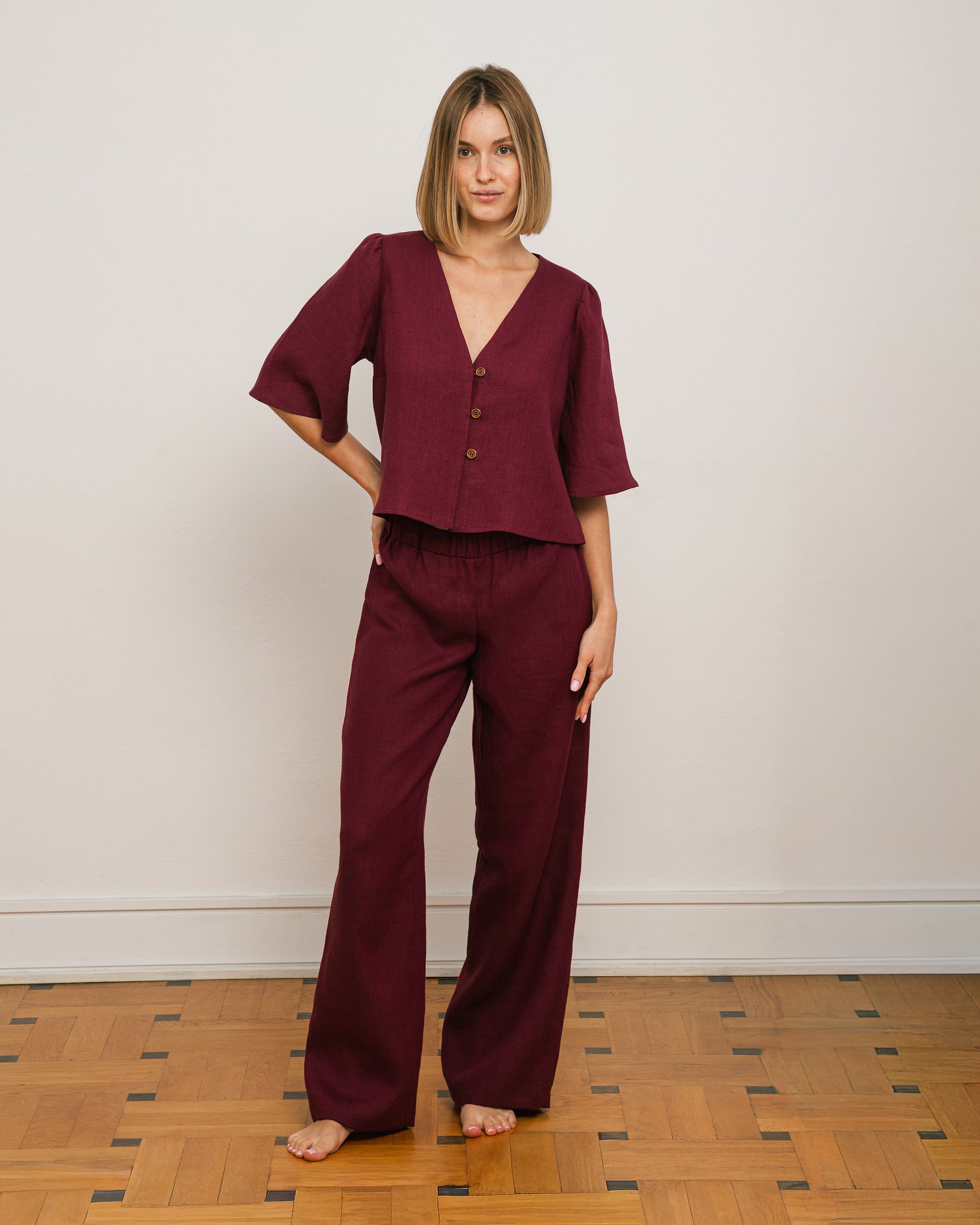 Spodnie NORA – śliwkowe - 100% len